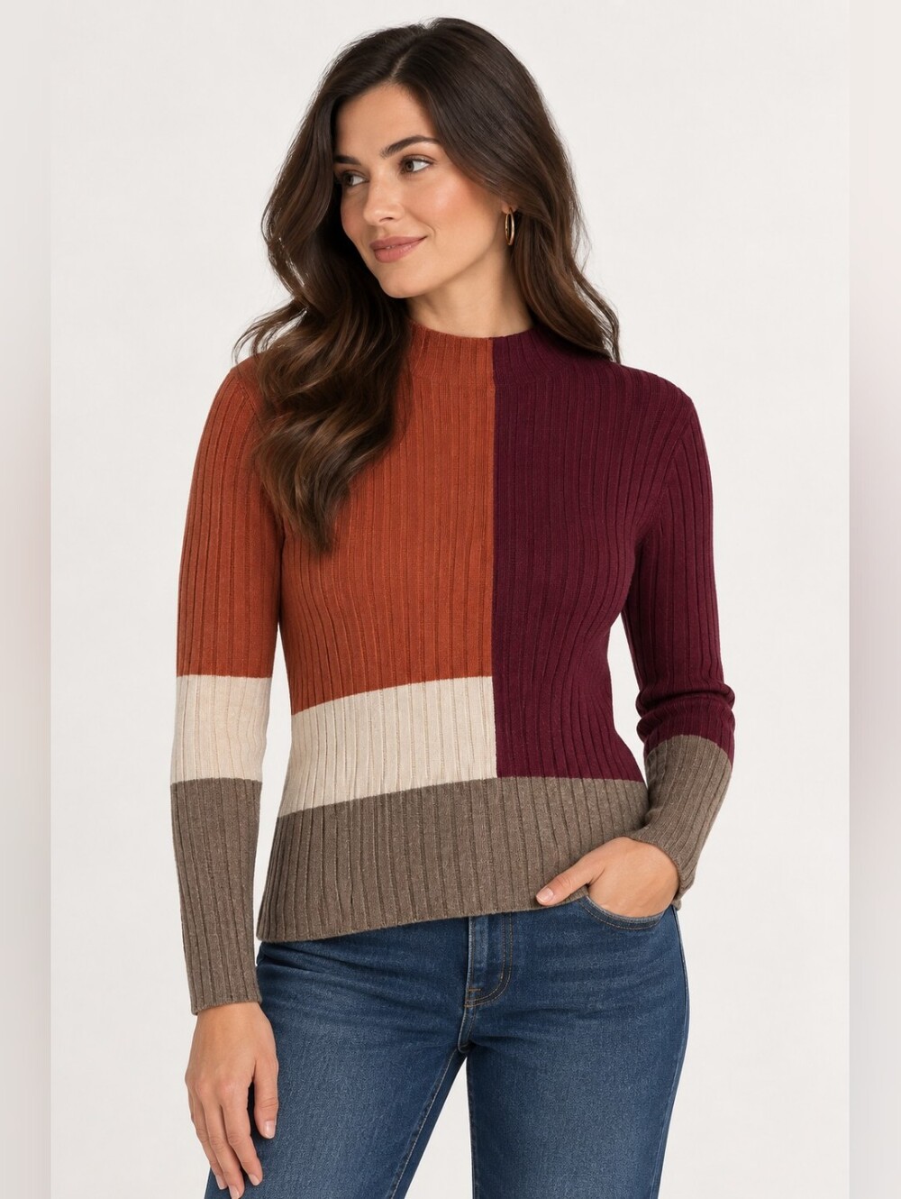 Liverpool Los Angeles Mock Neck Colorblock Rib Knit Sweater XL